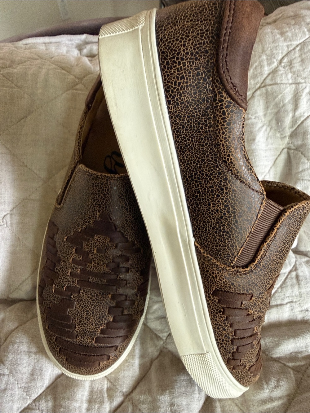 Very G Brown Woven-Detail Slip-On Sneakers with White Sole